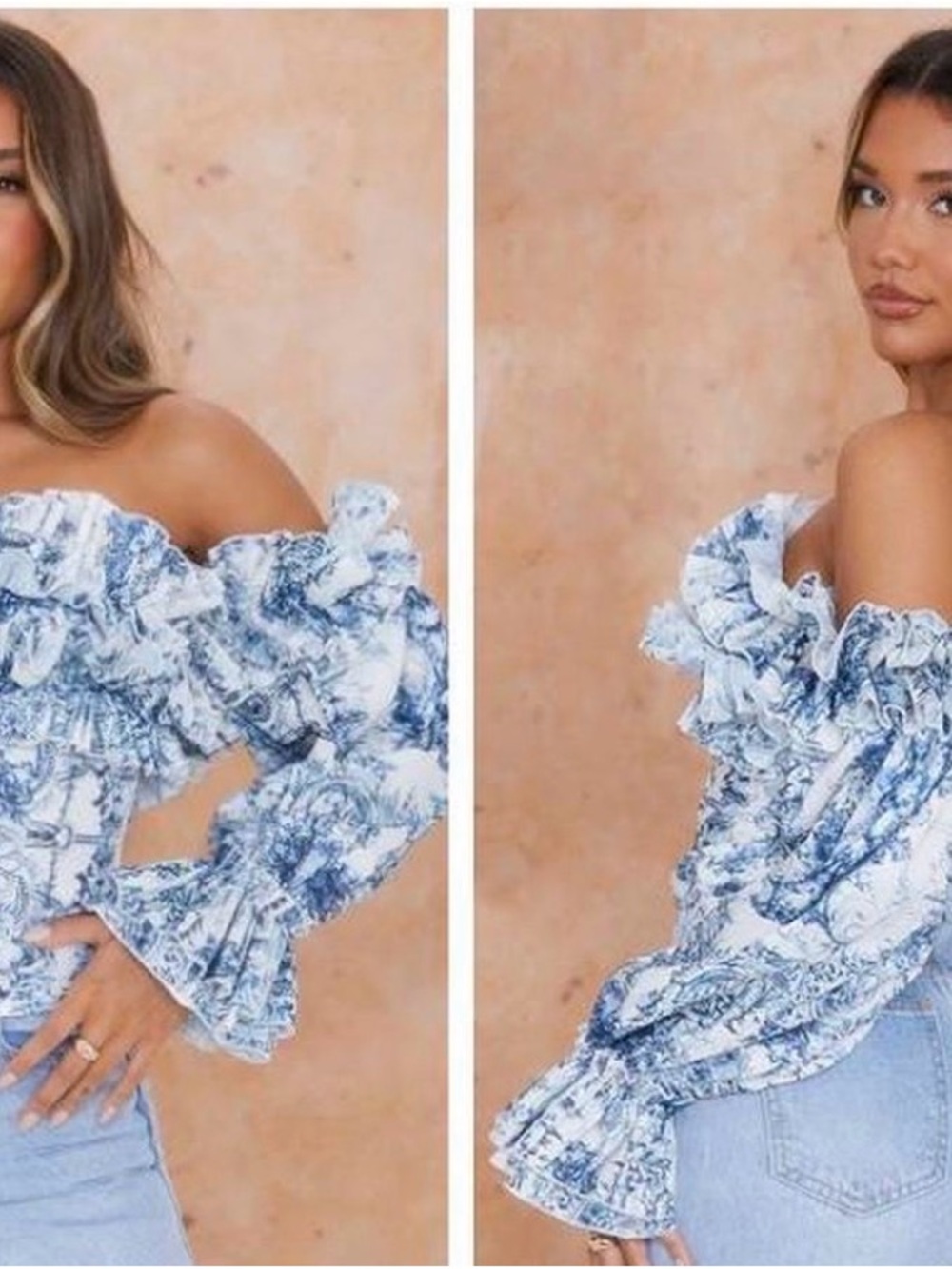 Pretty Little Thing Off-Shoulder Ruffle Peasant Top in Blue Floral